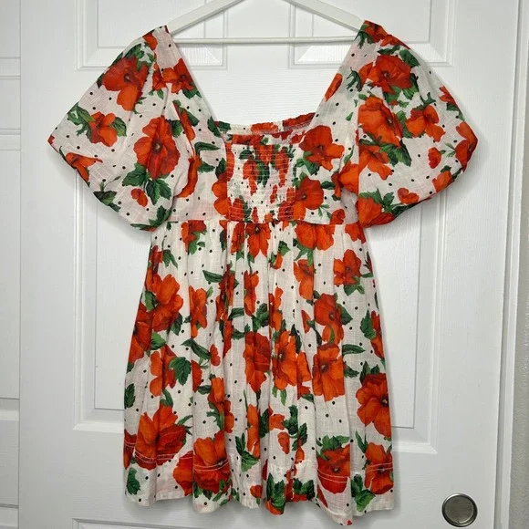 Maeve Anthropologie Mini Dress Floral Print Smocked Short Sleeve Size M - Picture 5 of 8